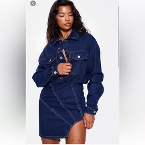 PLT NWT Indigo Blue Wash Seam Detail Curved Hem Denim Mini Dress